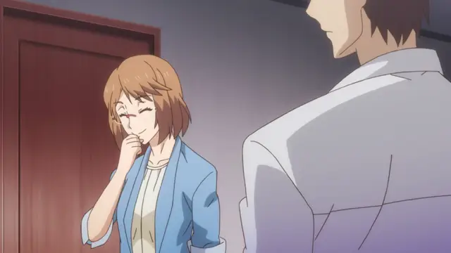 A brown-haired woman in a blue cardigan stands with her hand to her face and eyes closed while looking up at a man in a suit. Screenshot from Eternity: Shin`ya no Nurekoi Channel - Episode 8