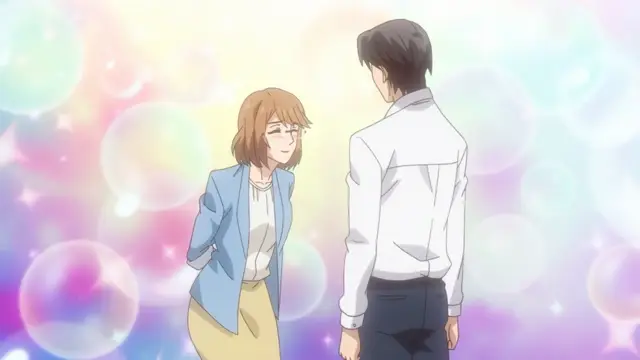 A young woman with short brown hair and a smiling expression stands facing a tall man with black hair in a white shirt and dark pants against a shimmering, colorful background of bubbles and sparkles. Screenshot from Eternity: Shin`ya no Nurekoi Channel - Episode 8