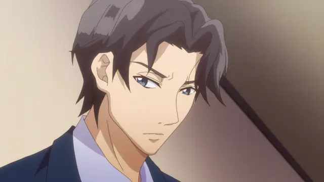 A man with dark hair and sharp blue eyes wearing a formal suit looks down with a serious expression. Screenshot from Eternity: Shin`ya no Nurekoi Channel - Episode 8