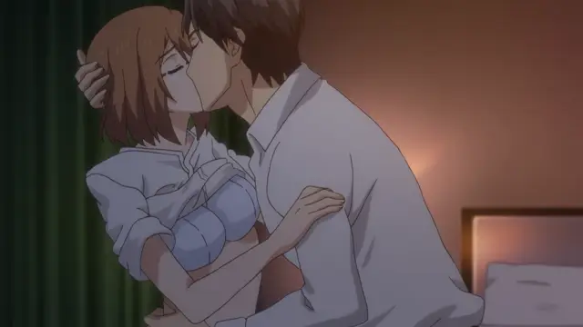 A man in a white shirt embraces and kisses a woman in a blue bra and white shirt while holding her against a wall in a bedroom. Screenshot from Eternity: Shin`ya no Nurekoi Channel - Episode 8