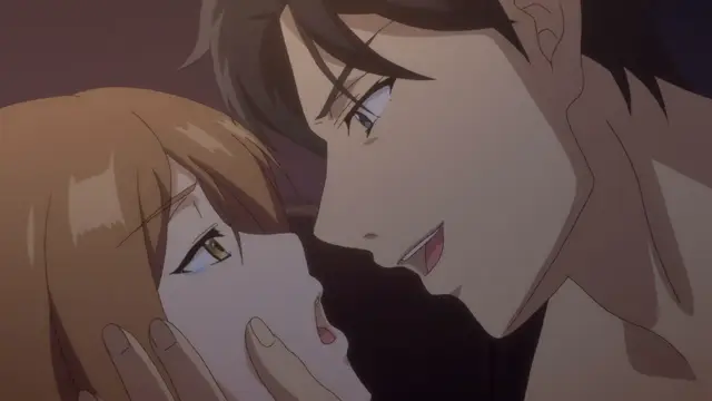 A shirtless man with brown hair leans in close to a light-haired woman, holding her face in his hands as he smiles and gazes at her with a hungry expression. Screenshot from Eternity: Shin`ya no Nurekoi Channel - Episode 8