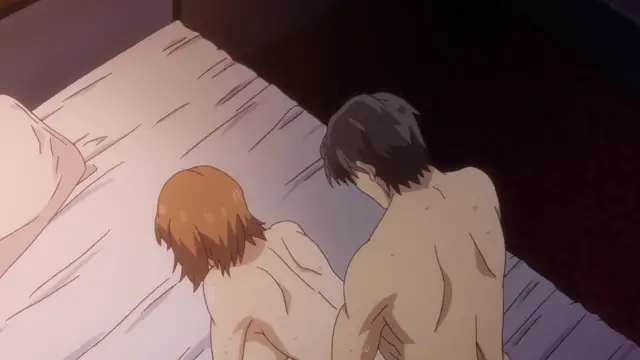 Two shirtless anime men with sweat-slicked skin sit on a bed, facing away from the camera in a dimly lit room. Screenshot from Eternity: Shin`ya no Nurekoi Channel - Episode 8