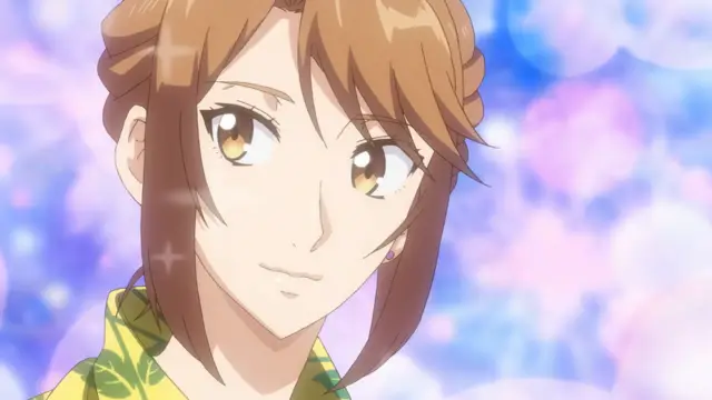 An anime woman with brown hair and yellow eyes wears a yellow kimono and smiles at the camera. Screenshot from Eternity: Shin`ya no Nurekoi Channel - Episode 8