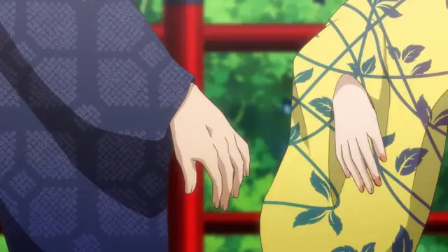 A shot of two characters in kimonos, one wearing dark blue and the other yellow, standing close to each other in front of a red torii gate. Screenshot from Eternity: Shin`ya no Nurekoi Channel - Episode 8