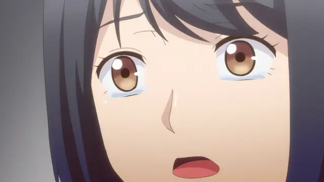 A close-up anime shot shows a wide-eyed, tearful girl with long dark hair and an expression of shocked realization or distress. Screenshot from Eternity: Shin`ya no Nurekoi Channel - Episode 9