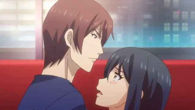 A tall, muscular man with short brown hair leans down to face a blue-haired woman with a blushing face as they sit close together on a red sofa against a cityscape background. Screenshot from Eternity: Shin`ya no Nurekoi Channel - Episode 9