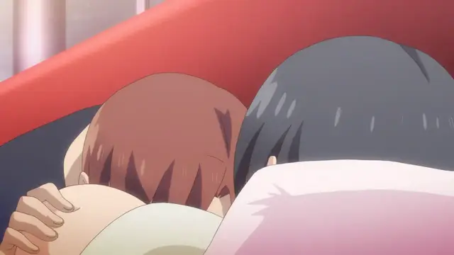 A girl with short brown hair lies face-down on a red surface next to a girl with long black hair, with one hand resting on the other's back. Screenshot from Eternity: Shin`ya no Nurekoi Channel - Episode 9