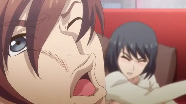 An anime girl with brown hair and a shocked expression leans into the camera while another girl with black hair sits in the background on a couch. Screenshot from Eternity: Shin`ya no Nurekoi Channel - Episode 9