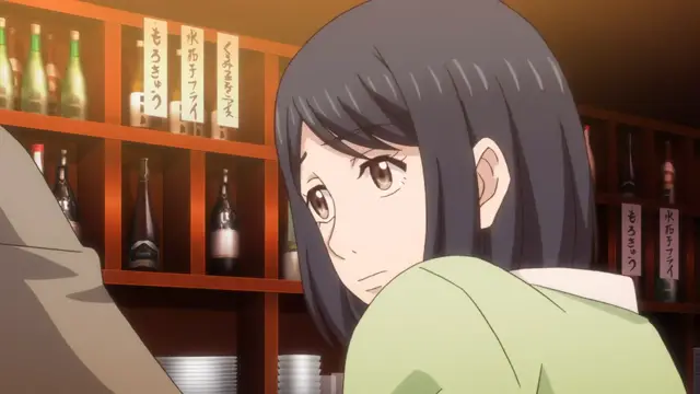 A shocked anime girl with dark hair looks over her shoulder with wide eyes while standing in a dimly lit bar filled with shelves of bottles and sake signs. Screenshot from Eternity: Shin`ya no Nurekoi Channel - Episode 9