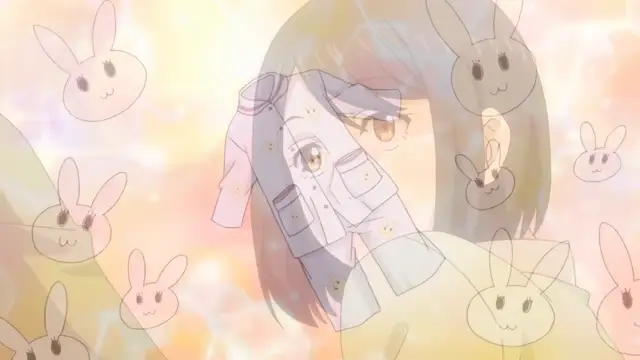 A close-up shot of a girl with short hair looking forward with a neutral expression, surrounded by many floating bunny-shaped emojis against a soft, pastel-colored background. Screenshot from Eternity: Shin`ya no Nurekoi Channel - Episode 9