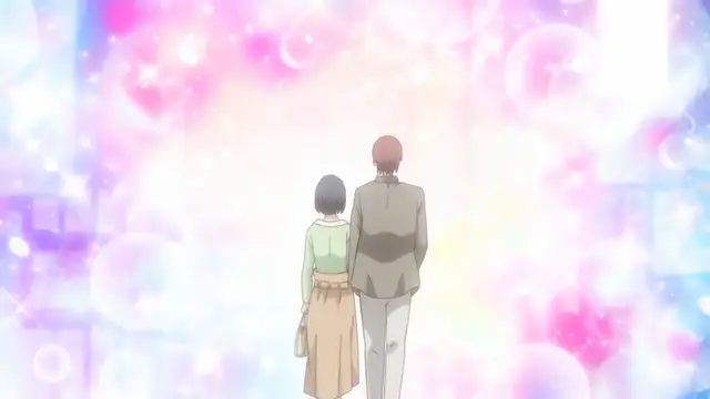 A man and a woman walk side-by-side into a bright, sparkling pink and white light. Screenshot from Eternity: Shin`ya no Nurekoi Channel - Episode 9