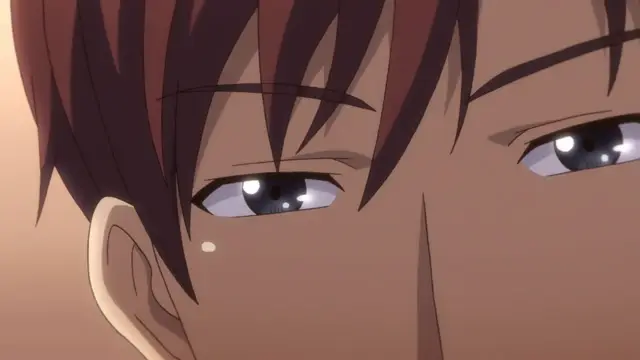 A close-up of a male anime character with brown hair and a serious expression looking directly at the camera. Screenshot from Eternity: Shin`ya no Nurekoi Channel - Episode 9