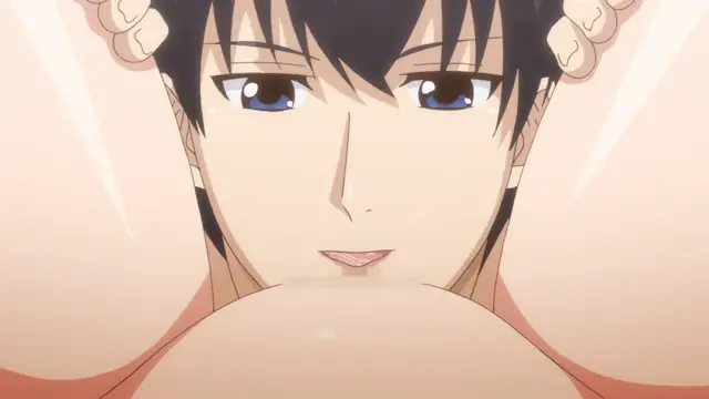 An anime man with black hair and blue eyes looks forward while a woman's large breasts press against his face. Screenshot from Eternity: Shin`ya no Nurekoi Channel - Episode 10