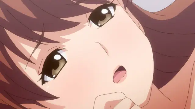 A close-up anime screenshot of a blushing young woman with long brown hair and tears in her eyes, looking shocked with her mouth slightly open. Screenshot from Eternity: Shin`ya no Nurekoi Channel - Episode 10