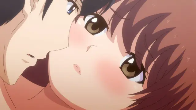 A blushing anime girl with brown hair leans her face against the face of a man with black hair, both with their eyes closed and expressions of pleasure. Screenshot from Eternity: Shin`ya no Nurekoi Channel - Episode 10