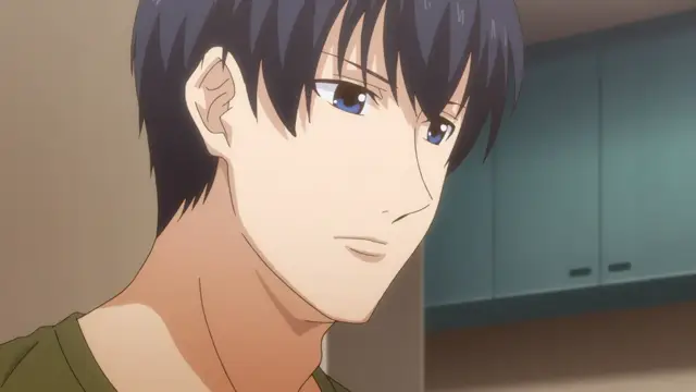 A handsome young man with dark hair and blue eyes looks forward with a slight smile, wearing a green tank top in a kitchen setting. Screenshot from Eternity: Shin`ya no Nurekoi Channel - Episode 10