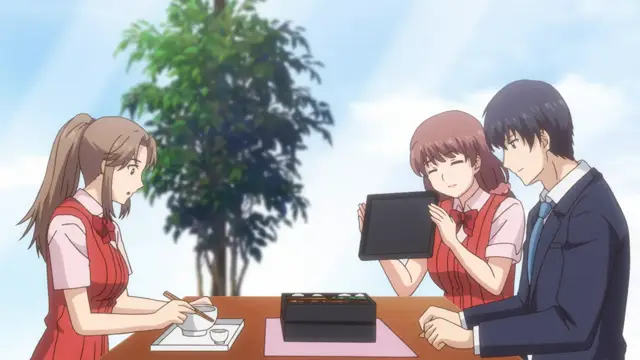 A girl in a red apron sits alone at a table holding a tea set, while another girl in a red apron and a man in a suit sit opposite her, looking at a black tablet together. Screenshot from Eternity: Shin`ya no Nurekoi Channel - Episode 10