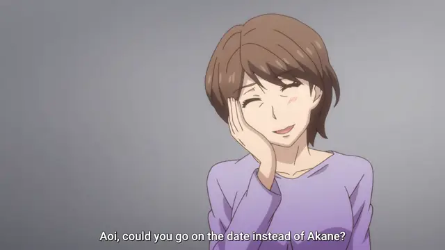 A brown-haired anime woman leans her head on her hand with a mischievous smile while a subtitle at the bottom reads, "Aoi, could you go on the date instead of Akane?". Screenshot from Eternity: Shin`ya no Nurekoi Channel - Episode 11