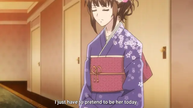 A woman in a purple and pink kimono stands in a traditional Japanese room with a look of determination, with a subtitle that reads, "I just have to pretend to be her today.". Screenshot from Eternity: Shin`ya no Nurekoi Channel - Episode 11
