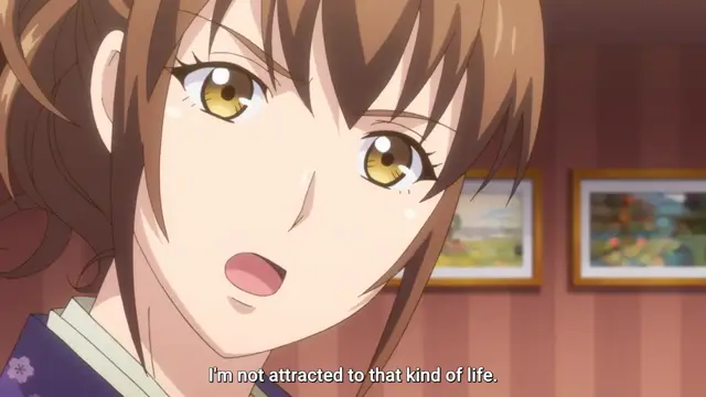 A close-up of a brown-haired anime girl with wide eyes and a surprised expression says, "I'm not attracted to that kind of life.". Screenshot from Eternity: Shin`ya no Nurekoi Channel - Episode 11
