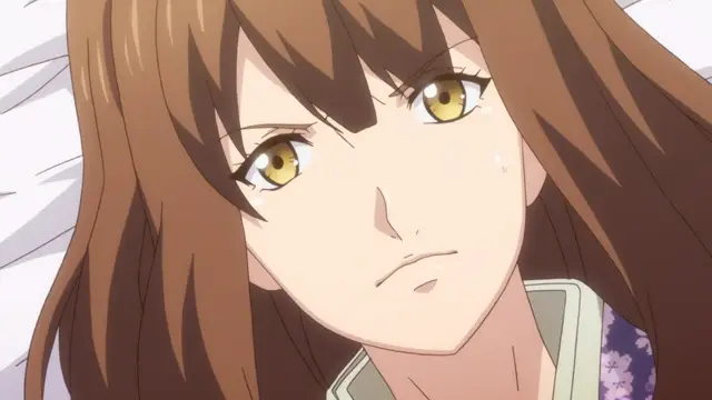 A brown-haired girl with yellow eyes lies on her back with a weary expression, wearing a light blue kimono with a purple floral pattern. Screenshot from Eternity: Shin`ya no Nurekoi Channel - Episode 11