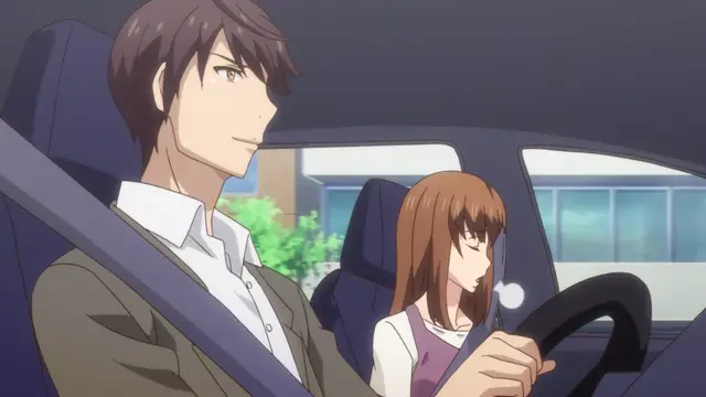 A man with brown hair and a business suit sits in the passenger seat of a car, looking at a woman with long brown hair who is driving and looking nervous. Screenshot from Eternity: Shin`ya no Nurekoi Channel - Episode 11