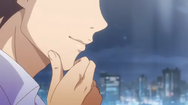 A male anime character with a smug expression rests his chin on his hand while looking out over a city at night. Screenshot from Eternity: Shin`ya no Nurekoi Channel - Episode 11