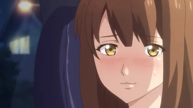 A blushing anime girl with long brown hair and yellow eyes gazes forward with a slight smile and a drop of sweat on her face. Screenshot from Eternity: Shin`ya no Nurekoi Channel - Episode 11