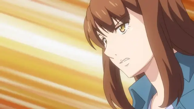 An anime girl with brown hair and golden eyes looks off to the side with a serious expression against a motion-blurred orange and yellow background. Screenshot from Eternity: Shin`ya no Nurekoi Channel - Episode 11