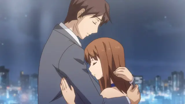 A tall man in a suit holds a small, long-haired woman in a close embrace against a city skyline at night. Screenshot from Eternity: Shin`ya no Nurekoi Channel - Episode 11