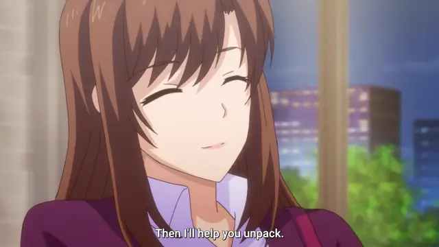 A brown-haired anime girl with closed eyes and a slight smile says, "Then I'll help you unpack," while standing in front of a window overlooking a city at night. Screenshot from Eternity: Shin`ya no Nurekoi Channel - Episode 12