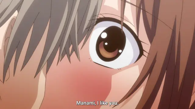A close-up shot shows a blushing girl with brown hair looking wide-eyed at a grey-haired boy with a blush on her cheek while the subtitles read, "Manami, I like you.". Screenshot from Eternity: Shin`ya no Nurekoi Channel - Episode 12
