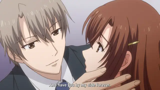 A male anime character with grey hair leans in close to a brown-haired female anime character, cradling her face with his hand while smiling, with subtitles at the bottom reading, "And have you by my side forever.". Screenshot from Eternity: Shin`ya no Nurekoi Channel - Episode 12