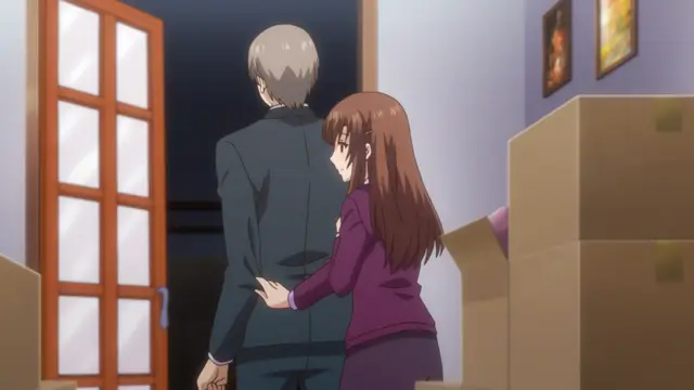 A brown-haired girl in a purple top stands behind a man in a suit, placing her hand on his lower back as they stand in a room filled with moving boxes. Screenshot from Eternity: Shin`ya no Nurekoi Channel - Episode 12