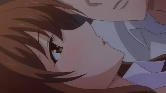 A brown-haired anime girl with closed eyes and a blushing face is being kissed by a man in a white shirt and purple tie. Screenshot from Eternity: Shin`ya no Nurekoi Channel - Episode 12