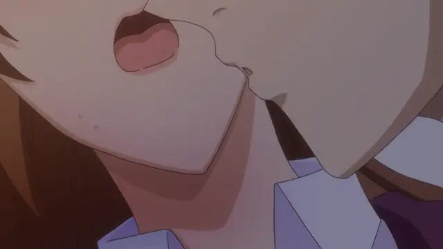 A close-up shot shows a girl with brown hair and a blue uniform being kissed on the cheek and neck by a person whose face is mostly obscured. Screenshot from Eternity: Shin`ya no Nurekoi Channel - Episode 12
