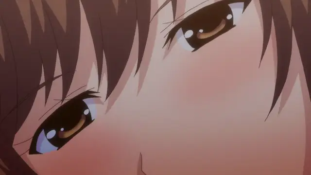 A close-up of an anime girl with brown hair and large, expressive eyes looking slightly downward with a blushing face. Screenshot from Eternity: Shin`ya no Nurekoi Channel - Episode 12