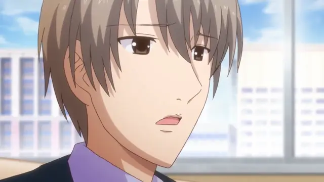 A young man with short brown hair and an open-mouthed expression looks forward while wearing a suit jacket over a purple shirt. Screenshot from Eternity: Shin`ya no Nurekoi Channel - Episode 12