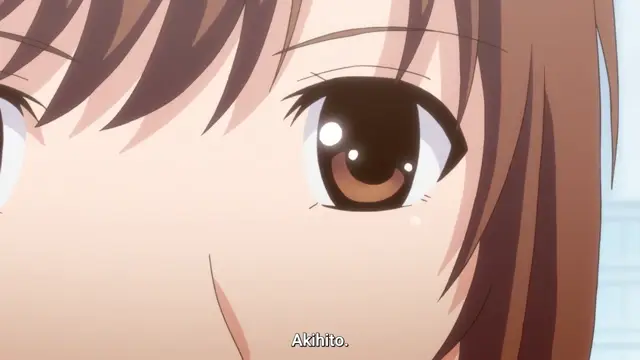 A close-up shot of a girl with brown hair and brown eyes smiling as she says, "Akihito.". Screenshot from Eternity: Shin`ya no Nurekoi Channel - Episode 12