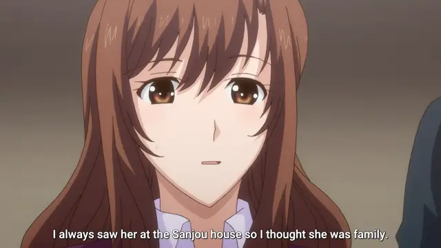 A brown-haired anime girl with a neutral expression looks ahead as a subtitle at the bottom reads, "I always saw her at the Sanjou house so I thought she was family.". Screenshot from Eternity: Shin`ya no Nurekoi Channel - Episode 12