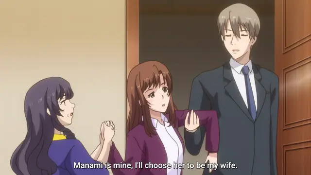 A man in a suit stands next to a shocked brown-haired woman and a cowering black-haired woman, with a subtitle that reads, "Manami is mine, I'll choose her to be my wife.". Screenshot from Eternity: Shin`ya no Nurekoi Channel - Episode 12