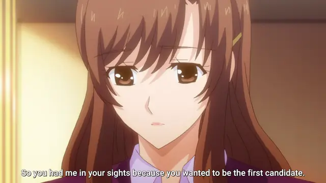 A brown-haired anime girl with a sad expression looks at the viewer while subtitles at the bottom read, "So you had me in your sights because you wanted to be the first candidate.". Screenshot from Eternity: Shin`ya no Nurekoi Channel - Episode 12