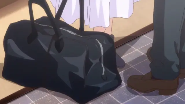 A large black duffel bag sits on a tiled floor between the legs of two standing people, one wearing a white dress and the other in trousers and boots. Screenshot from Eternity: Shin`ya no Nurekoi Channel - Episode 12