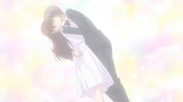 A woman in a white dress is being held and kissed by a man in a black suit against a sparkly, pastel background. Screenshot from Eternity: Shin`ya no Nurekoi Channel - Episode 12