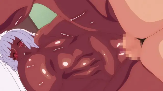A white-haired girl with red eyes is being dominated by a larger woman whose large breasts press against her face in this explicit scene. Screenshot from Anette-san to Liliana-san