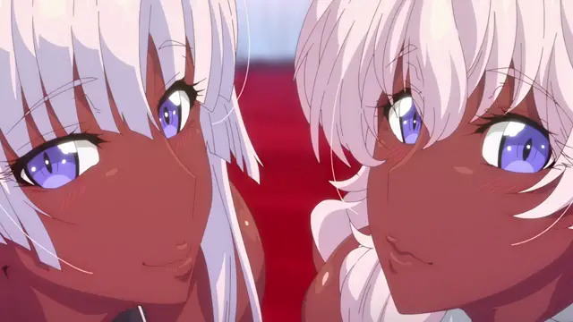Two dark-skinned anime girls with long white hair and blue eyes look at each other with blushing faces in a close-up shot. Screenshot from Anette-san to Liliana-san