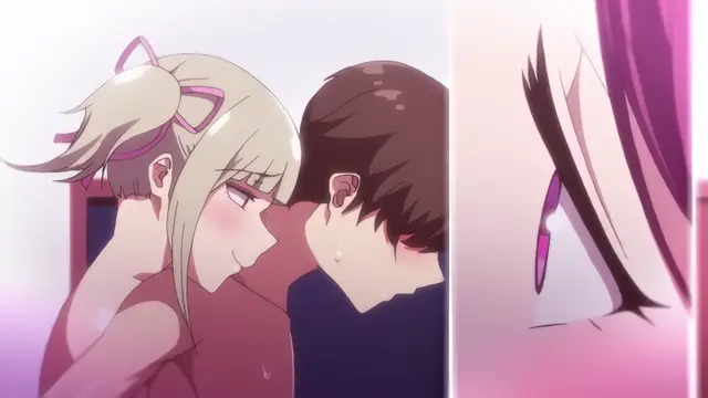 A blonde anime girl with pink ribbons in her hair leans in to kiss a sweating, blushing man on the lips, while a close-up of her face with a seductive expression appears in a split-screen view. Screenshot from Imaizumin-chi wa Douyara Gal no Tamariba ni Natteru Rashii - Episode 1