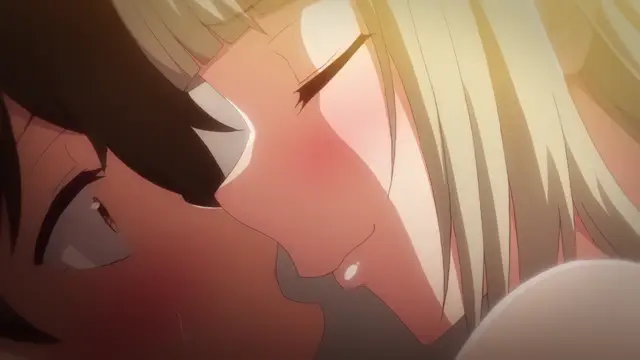 A close-up, anime-style shot shows a blonde woman with a blushing face leaning in to kiss a brown-haired man on the lips. Screenshot from Imaizumin-chi wa Douyara Gal no Tamariba ni Natteru Rashii - Episode 1