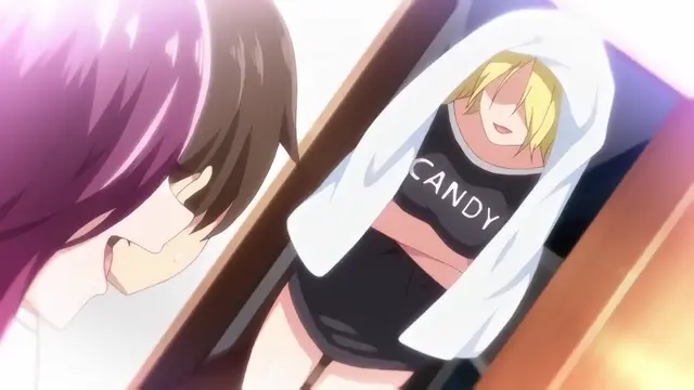 A close-up shot shows a character with long purple hair leaning over a blonde woman wearing a white "CANDY" hoodie and a black outfit while she has a blissful expression on her face. Screenshot from Imaizumin-chi wa Douyara Gal no Tamariba ni Natteru Rashii - Episode 1