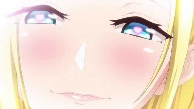 A close-up anime girl with blonde hair and blue eyes smiles with a blushing face while looking directly at the viewer. Screenshot from Imaizumin-chi wa Douyara Gal no Tamariba ni Natteru Rashii - Episode 1
